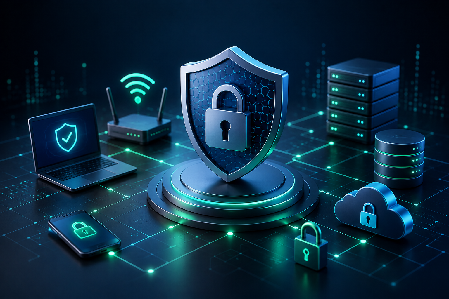 Cyber security protection with shield, secure network, cloud, server and connected devices