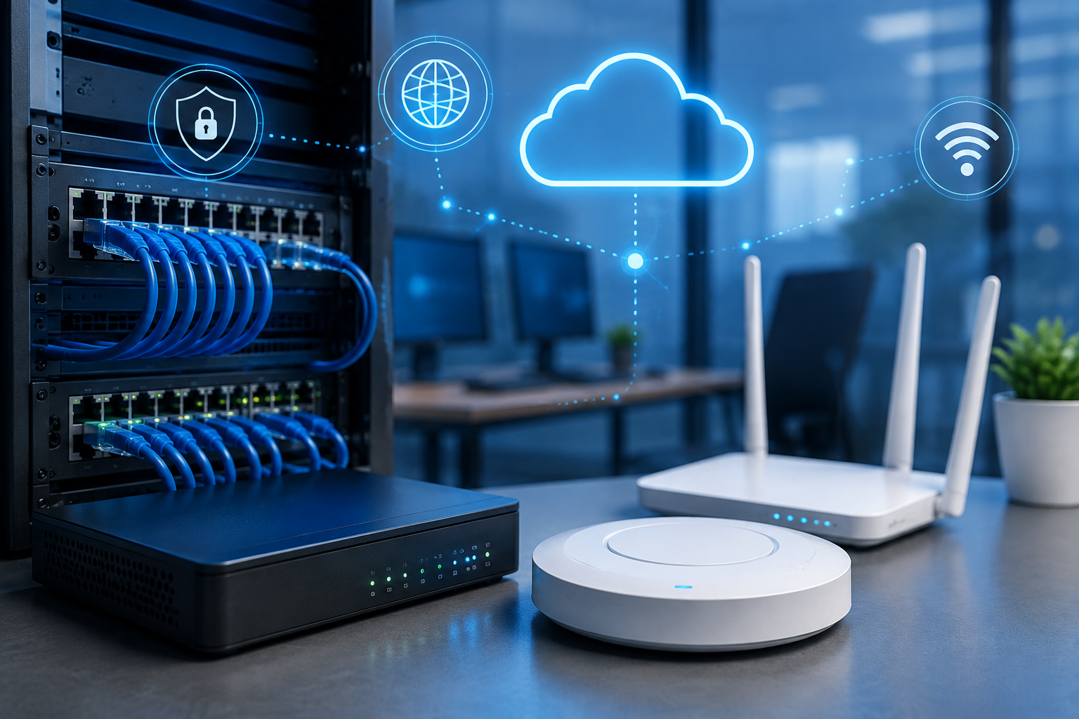 Business network infrastructure with switches, Wi-Fi, cloud and secure connectivity